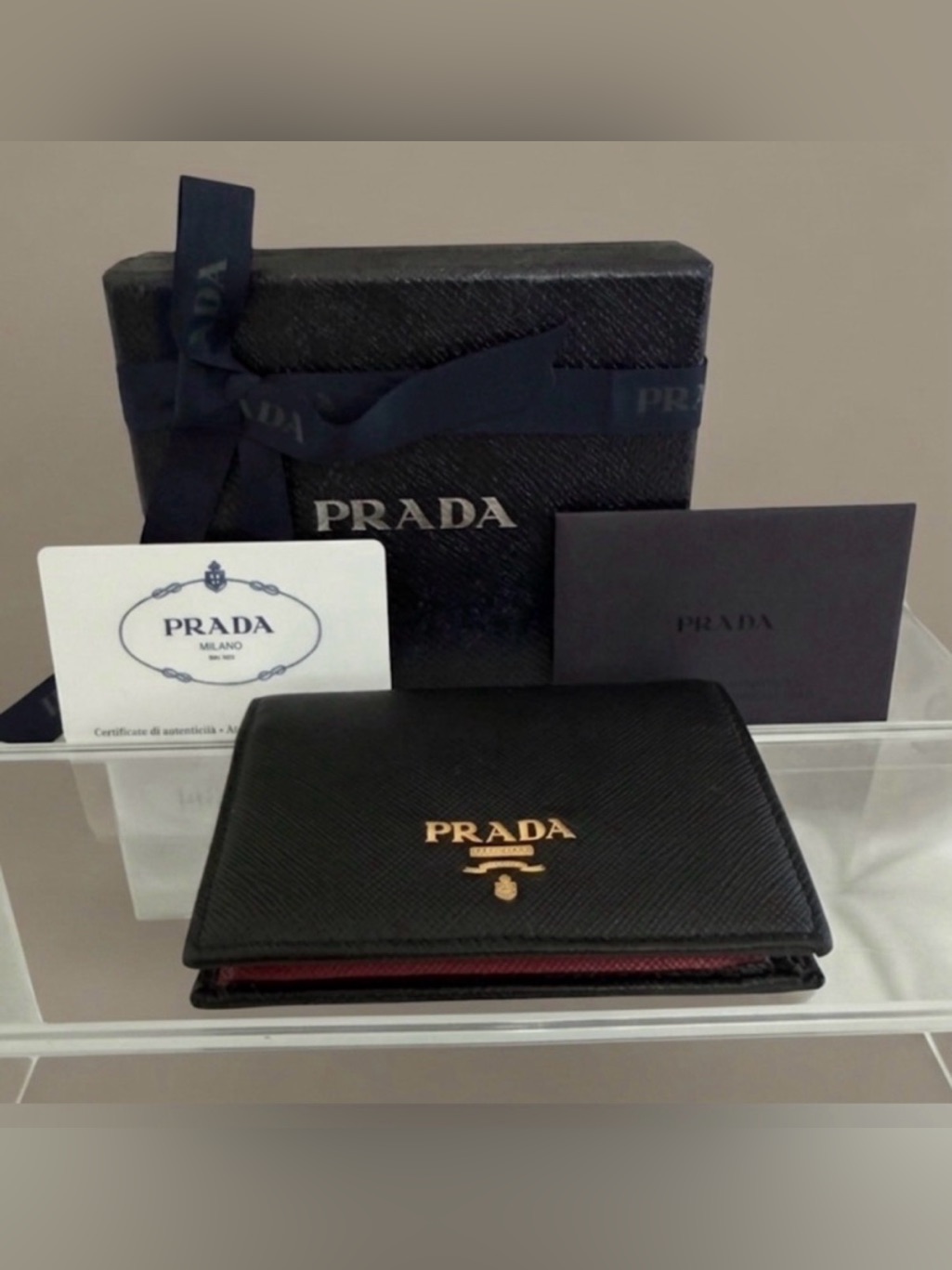 Prada Black Hibiscus Saffiano Leather Small Bifold Wallet Gold Hardware